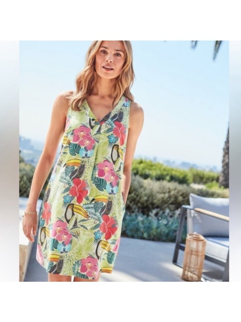 Tommy Bahama If One Can Toucan Tropical Print Sleeveless Dress Lg Linen Blend